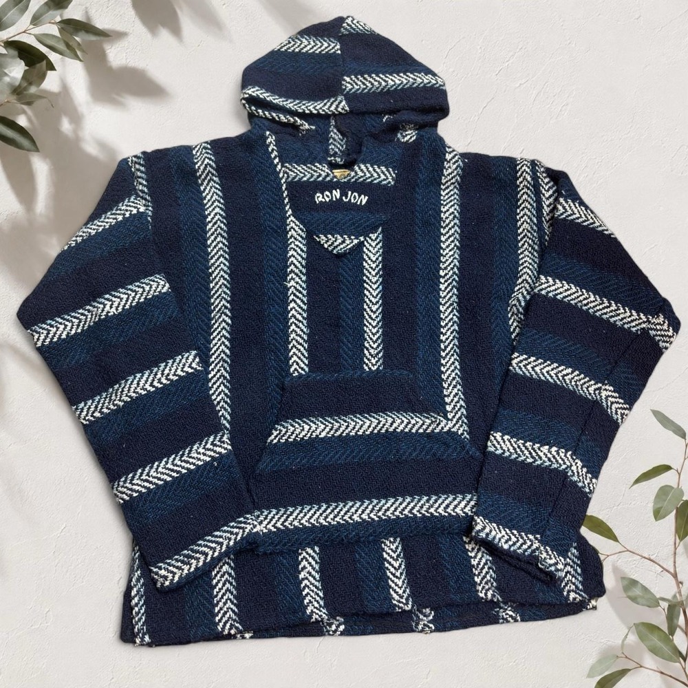 Ron Jon Surf Shop Baja Joe Navy White Herringbone Stripe Hoodie Small Mens
